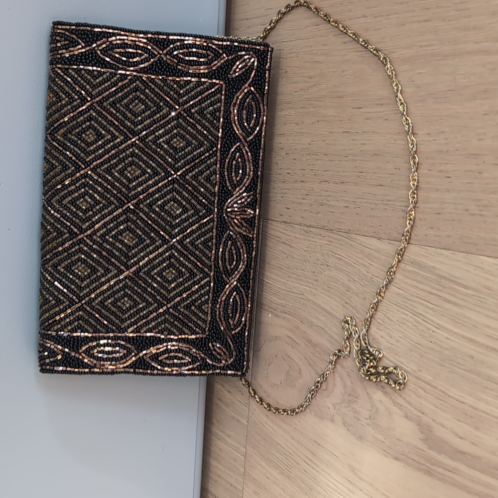 Elegant Black and Gold Beaded Clutch Bag